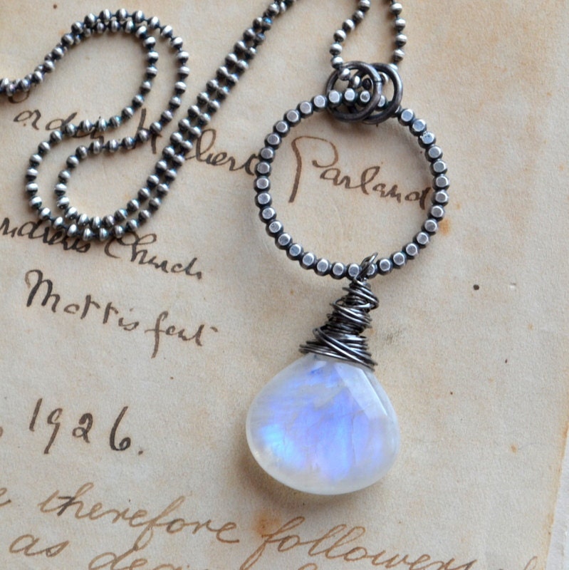 Rainbow Moonstone Necklace Oxidized Sterling Silver Metalwork