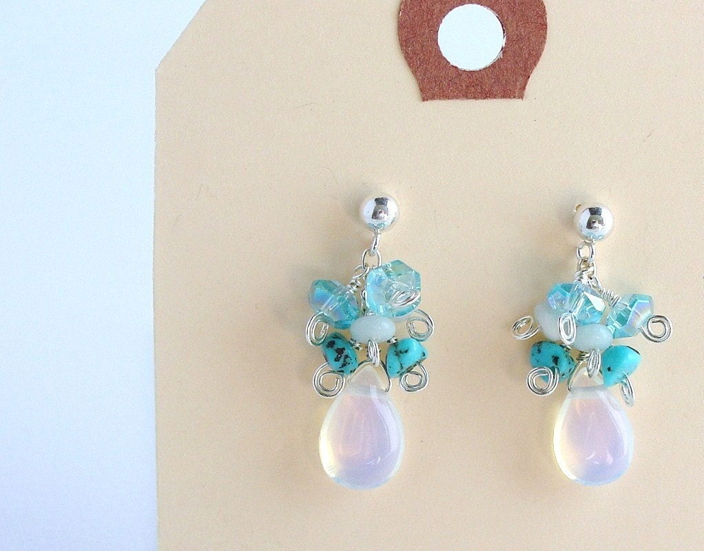 Blue and White Gem Cluster Earrings Turquoise Blue Quartz Amazonite Opalite Post Earrings