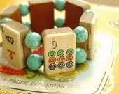 Vintage 1930s Handcarved Dovetailed Bone and Bamboo Mahjong Tile Bracelet with Jumbo Faceted Turquoise Beads
