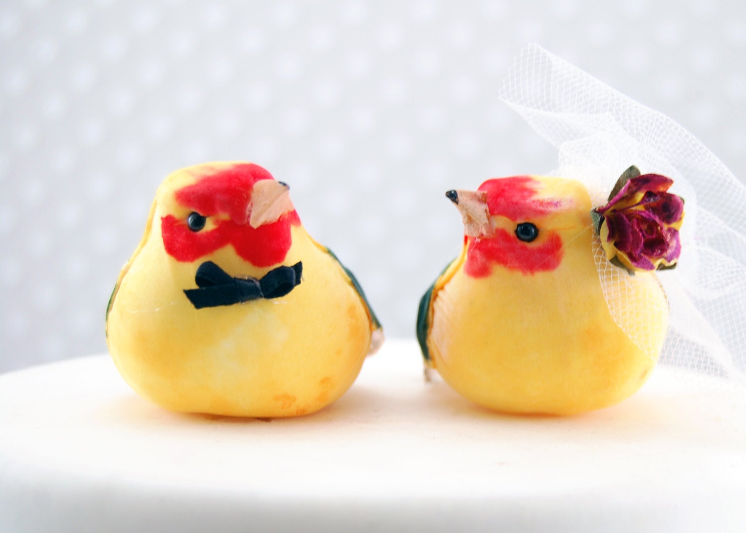 New and on Sale - Happy Love Birds Wedding Cake Topper: Rustic Bride & Groom Love Birds in Orange, Yellow, and Green