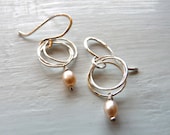 Light Peachy Pink Pearl Earrings with Layered Sterling Silver Circles