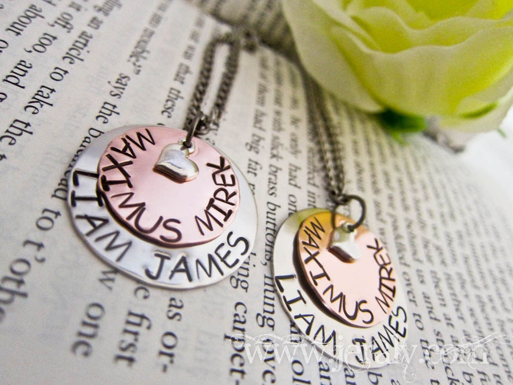 Sterling Heart Charm Hand Stamped Mommy Necklace - Custom Mummy, Mother Pendant - Two Discs, Kids, Children, Family