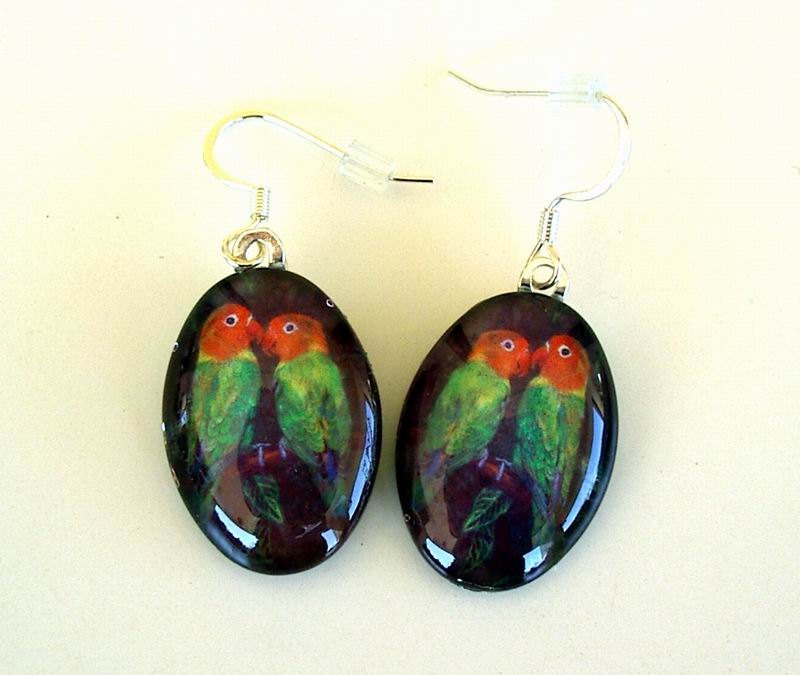 Peach faced Lovebirds Parrot Bird Earrings Oval Art Glass for Parrot Heads