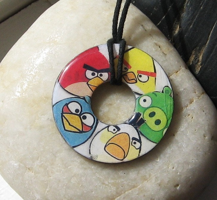 ANGRY BIRDS Collage Upycled Papers Washer Hardware Pendant Necklace Unique Gift