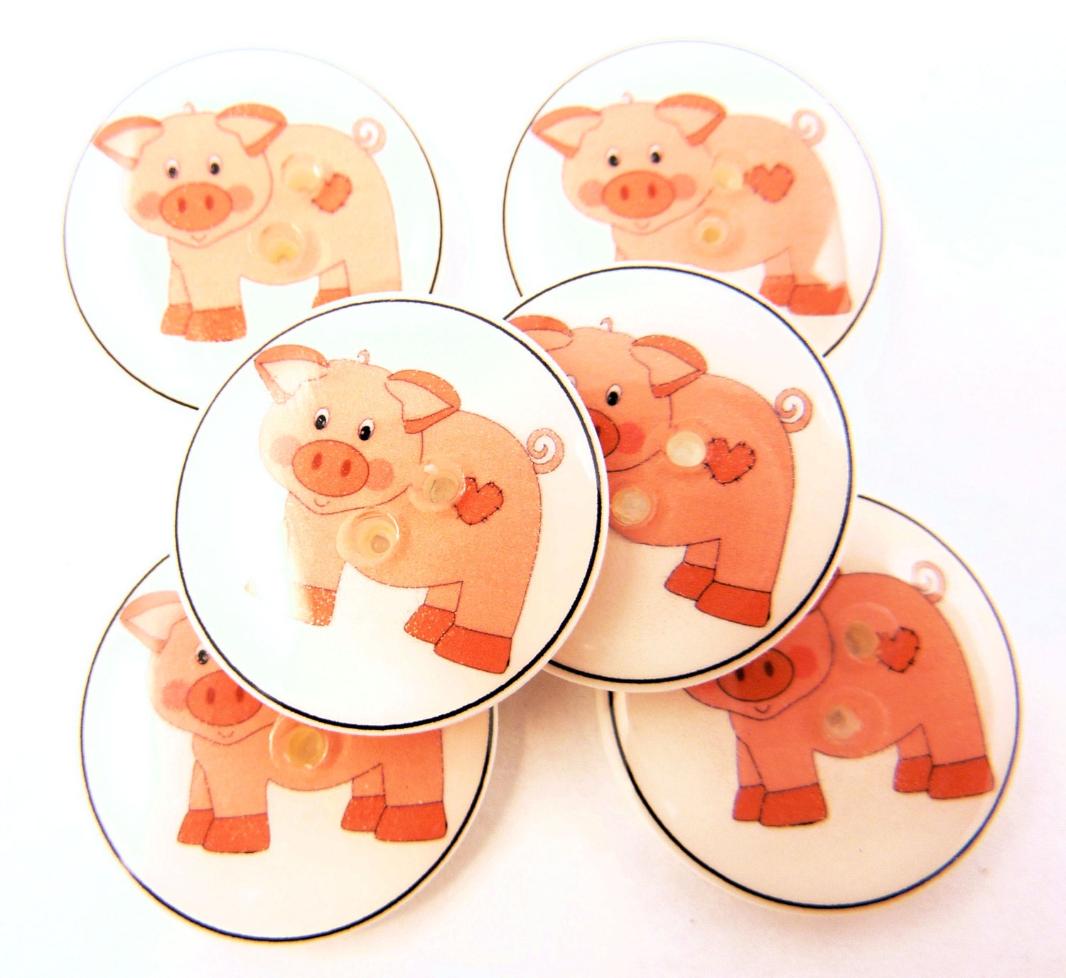 6 Pig Buttons. Pig or Farm Animal Buttons.  Handmade  buttons. 3/4" or 20 mm cm round.