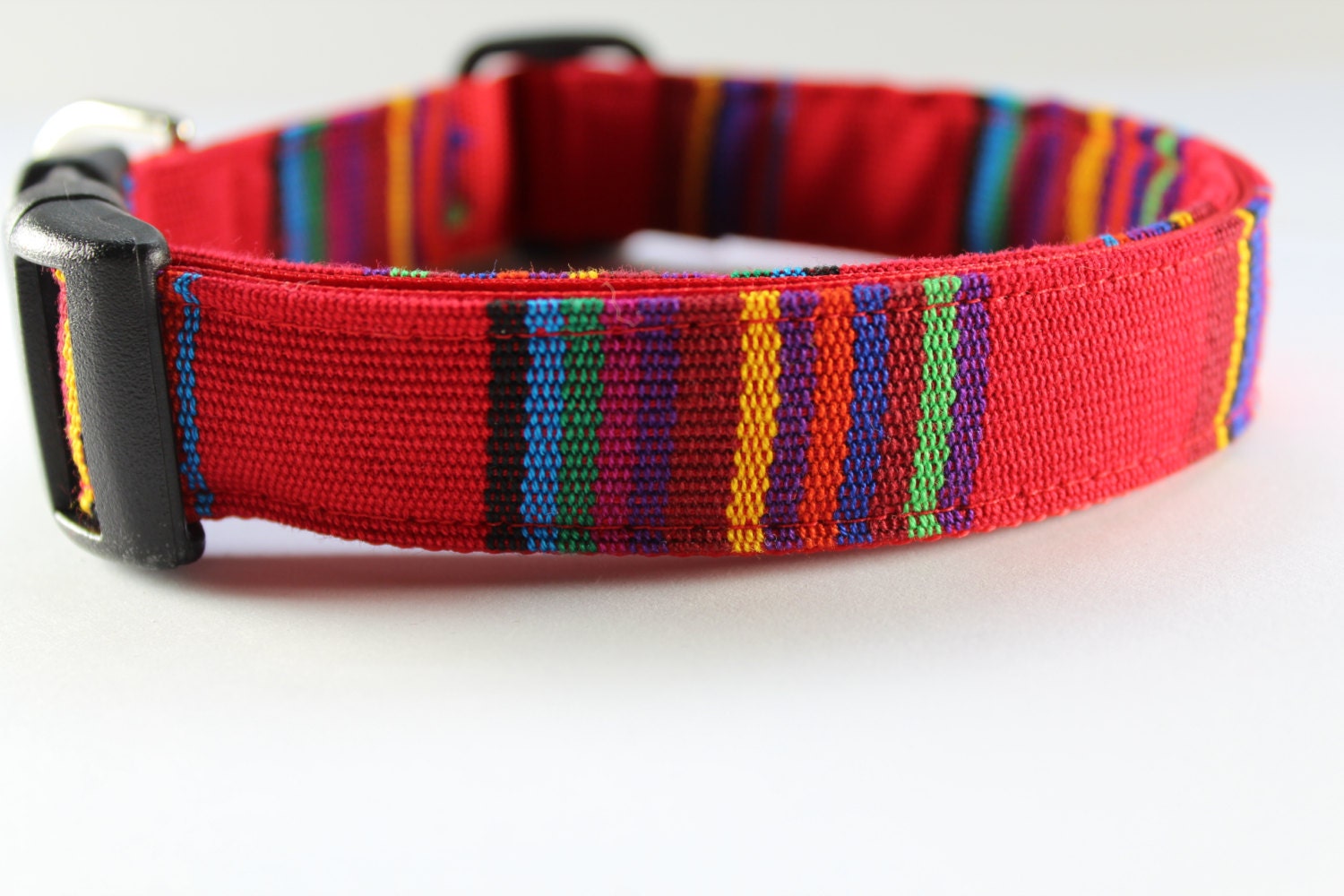 Guatemalan woven dog collar in Scarlet red accented in blue, yellow and teal