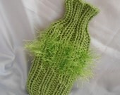 Cell phone cozy, cell phone sleeve, handknit, vegan, soft celery green with fun fur accent