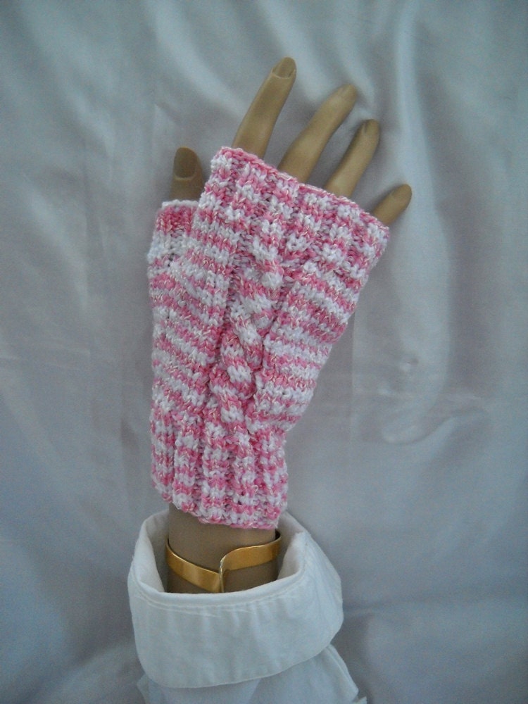 Fingerless Mitts, Gloves with Thumb, Handknit mini cables, Pink and White, 1 Size, Seamless, Vegan