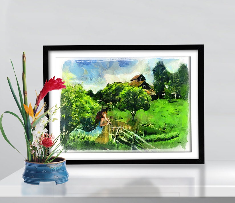 watercolor Romantic art print poster love Vintage artwork Mixed Media art on canvas -blue green giclee large print