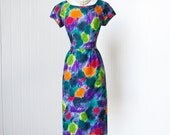 vintage 1950's dress ...gorgeous JERRY GILDEN mid-century impressionist floral polished cotton bombshell pin-up wiggle dress