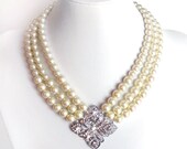 Dazzling Pearl and Rhinestone Centerpiece Necklace - 3 Strands - Ivory Pearls -  Vintage Inspired Brooch