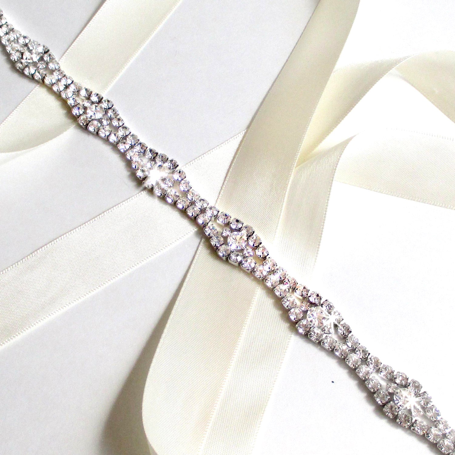 Long Silver Bridal Belt Sash or Headband - White Ivory Silver Satin Ribbon - Rhinestone Crystal - Wedding Dress Belt - Extra Long