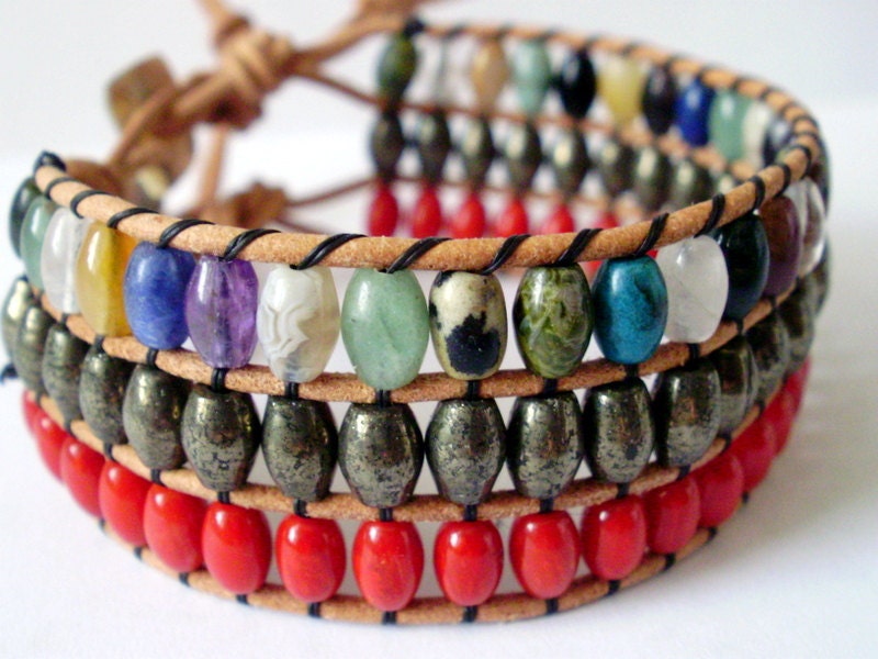 Leather beaded wrap bracelet or cuff - triple wrap -  Red coral, Pyrite and mixed stones