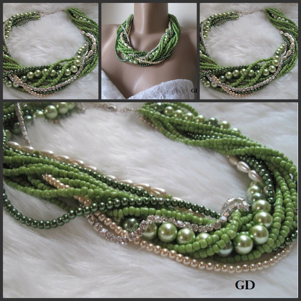 Bold Bridal Wedding ,Handmade,chunky layered  pearl necklace,green-ivory pearl,seed bead.Crystal chain,precious  necklace.