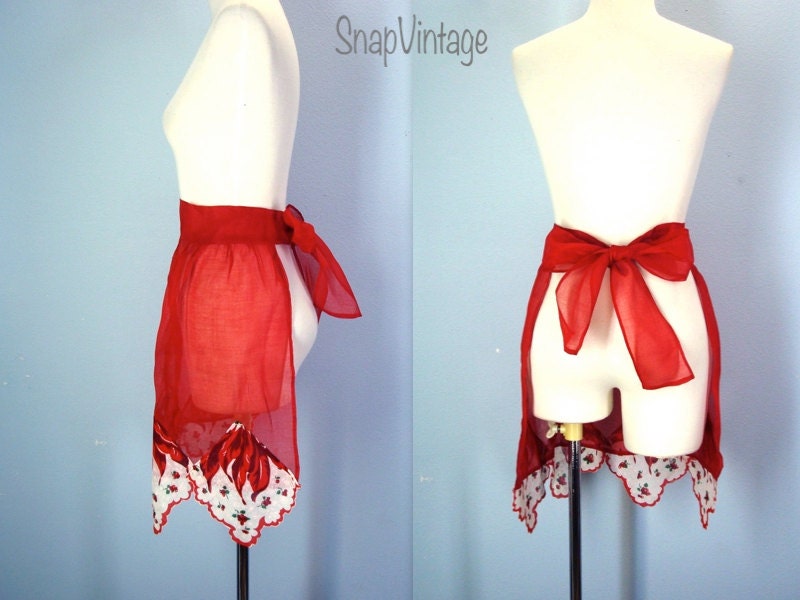 Vintage 1950s Apron / Sheer Red Cherry Apron / Cherries