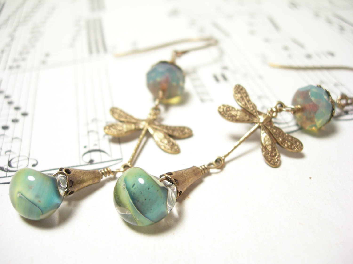 Dragonfly earrings sage green lampwork mint glass brass garden handmade - pamelasjewelry