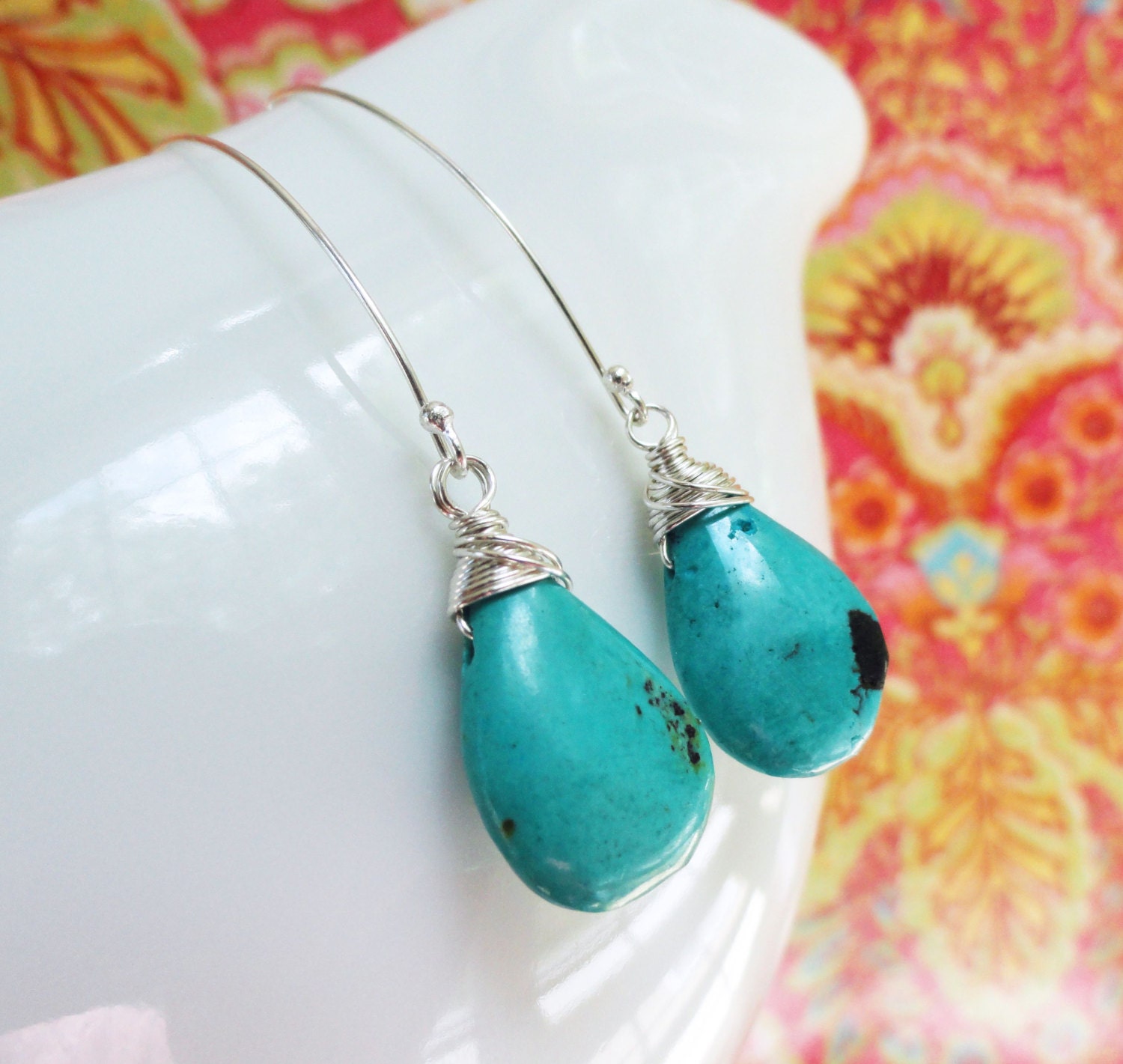Wire Wrapped natural turquoise earrings, turquoise jewelry, turquoise drop earrings, long turquoise earrings, teal blue, sterling silver
