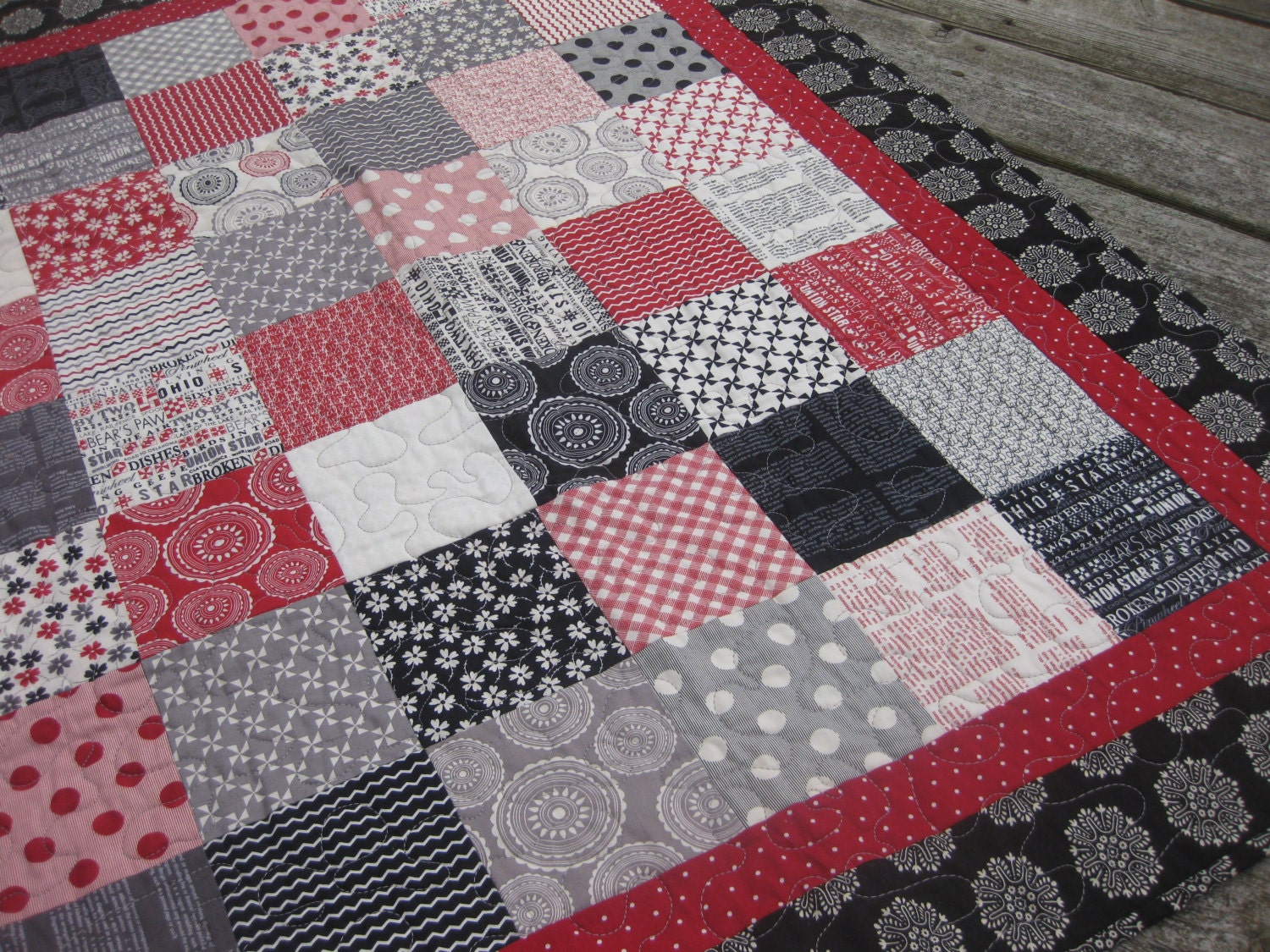 Lap throw patchwork quilt red black gray white beige in "Mama Said Sew" fabrics wheelchair sofa couch bed accent quilt