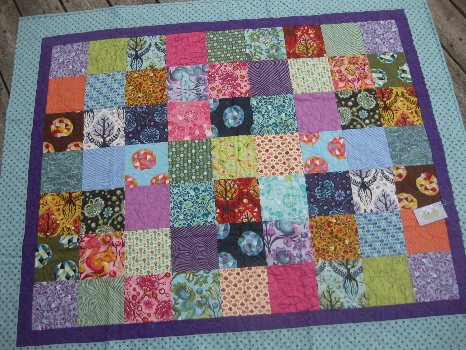 Bright modern lap bed crib quilt in "Birds and Bees" fabric by Tula Pink mothers day gift springtime