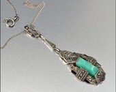 Sterling Silver Marcasite Art Deco Necklace Jade Enamel Vintage 1920s Art Deco Jewelry