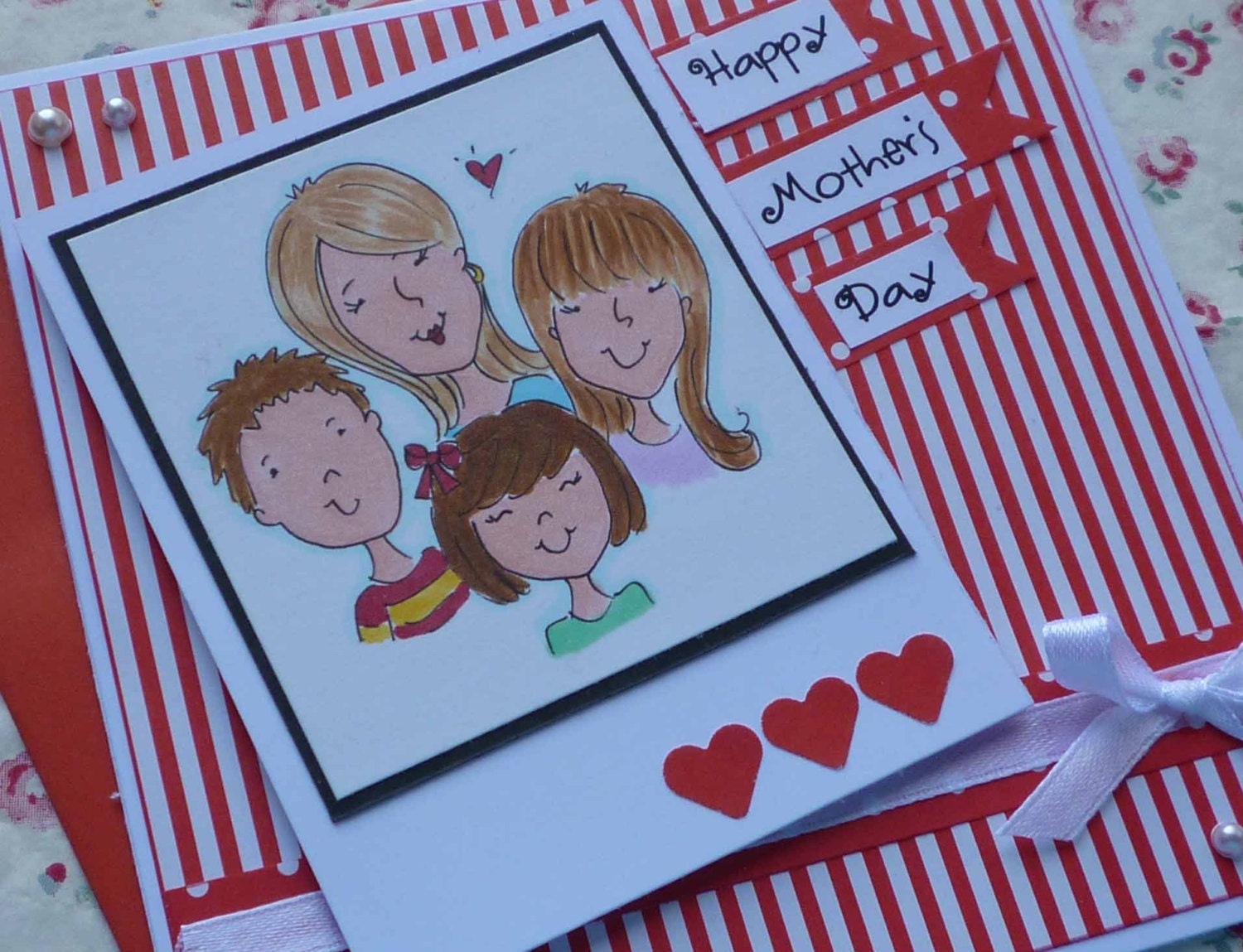 Happy Mother's Day - Handmade blank greeting card with sweet mom and kids