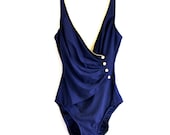 80s Navy Blue Nautical Gold Piping Retro Pin up One Piece Swimsuit Bathing Suit . ML . D116 . No.207.3.30.13 - LuvStonedVintage