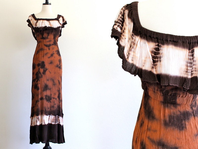 90s Tie Dye Ombre Ruffle Bandage Crinkle Boho Hippie Festival Maxi Dress . XS . SM . D176 . No.314.5.23.13