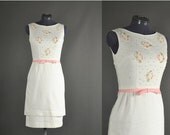 25% Off Sale Vintage 1950s Dress floral lace beaded rhinestone wiggle dress white cotton pique