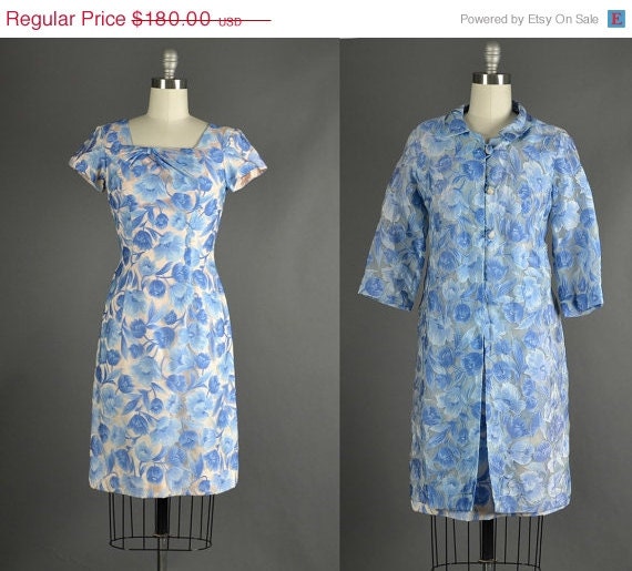 25% Off Sale Vintage 1950s Dress wiggle floral silk designer wiggle dress set jacket blue