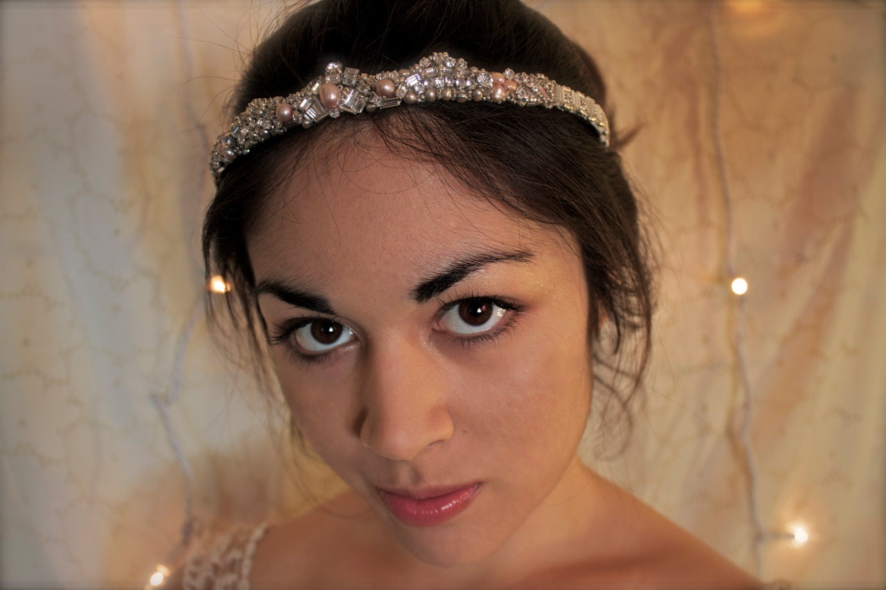 Bridal Headband, Rhinestone Wedding Headband, Hand Beaded,Crown, Pearl and Rhinestone Tiara, Handmade in USA