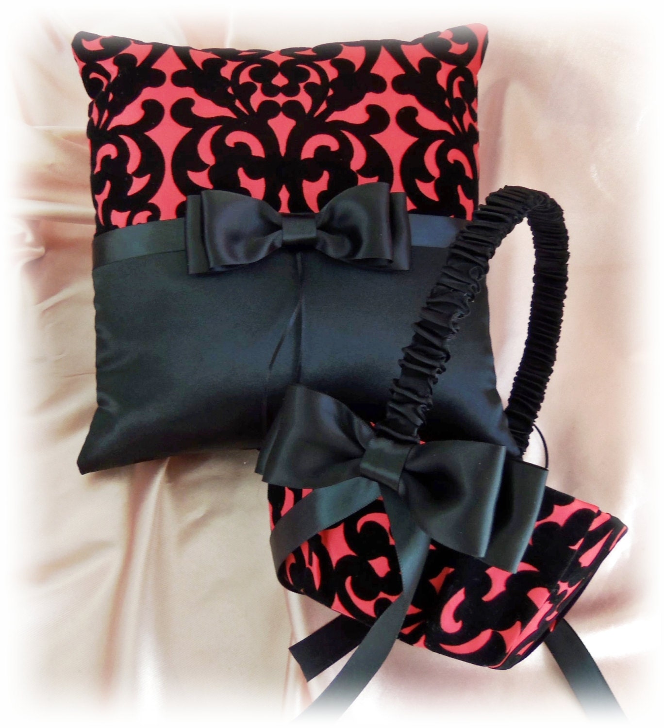 Damask Wedding Pillow Basket - Red Black Ring Bearer Pillow - Flower Girl Basket - Black Red Damask Wedding Accessories - Ceremony Decor