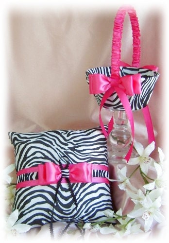 Zebra Wedding Basket Pillow - Flower Girl Basket - Ring Bearer Pillow - Hot Pink Fuchsia Zebra Weddings Decor