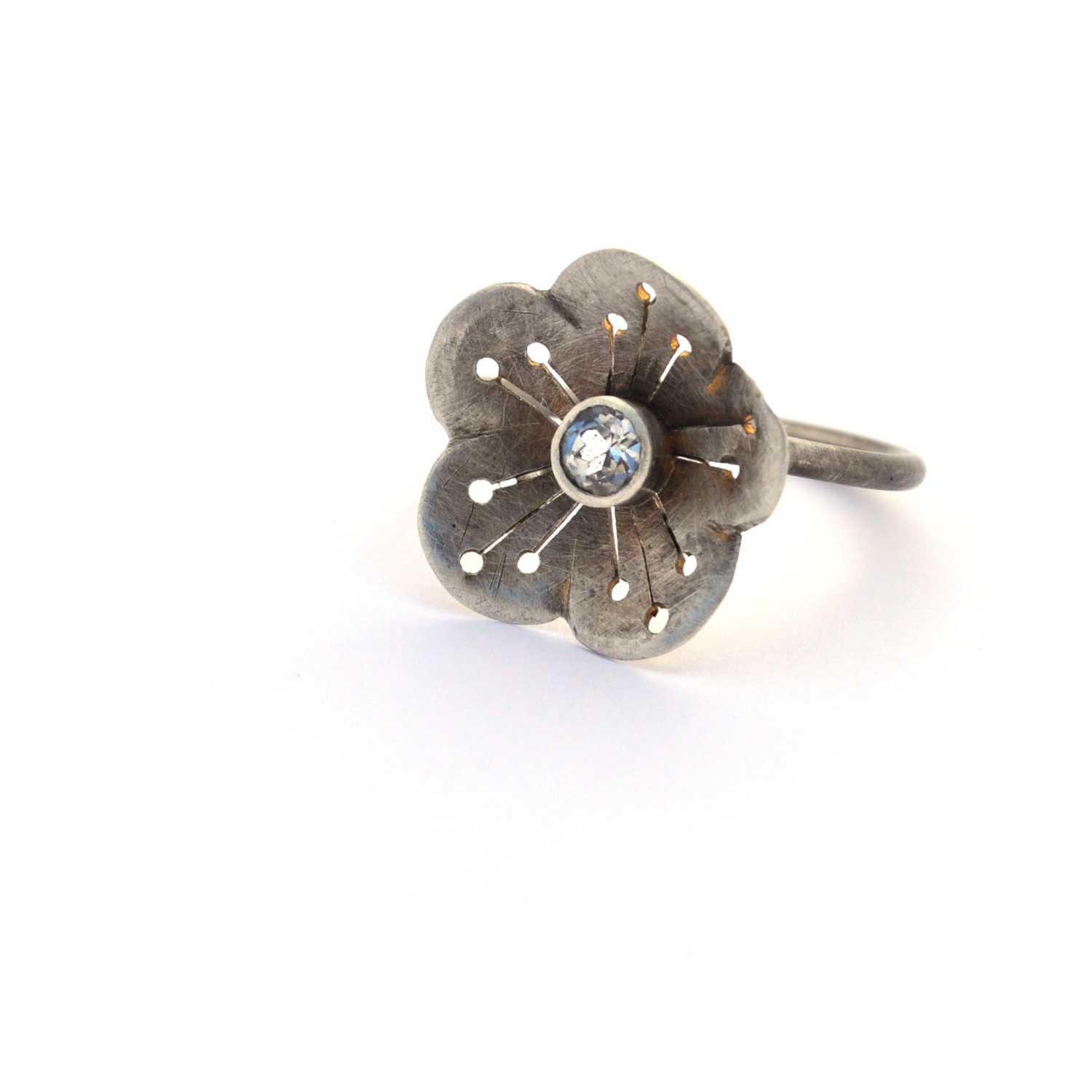Sterling Silver Cherry Blossom Ring Size 8.5, White Topaz Flower Ring, Silver Ring, Silver Jewelry, Handmade Jewelry