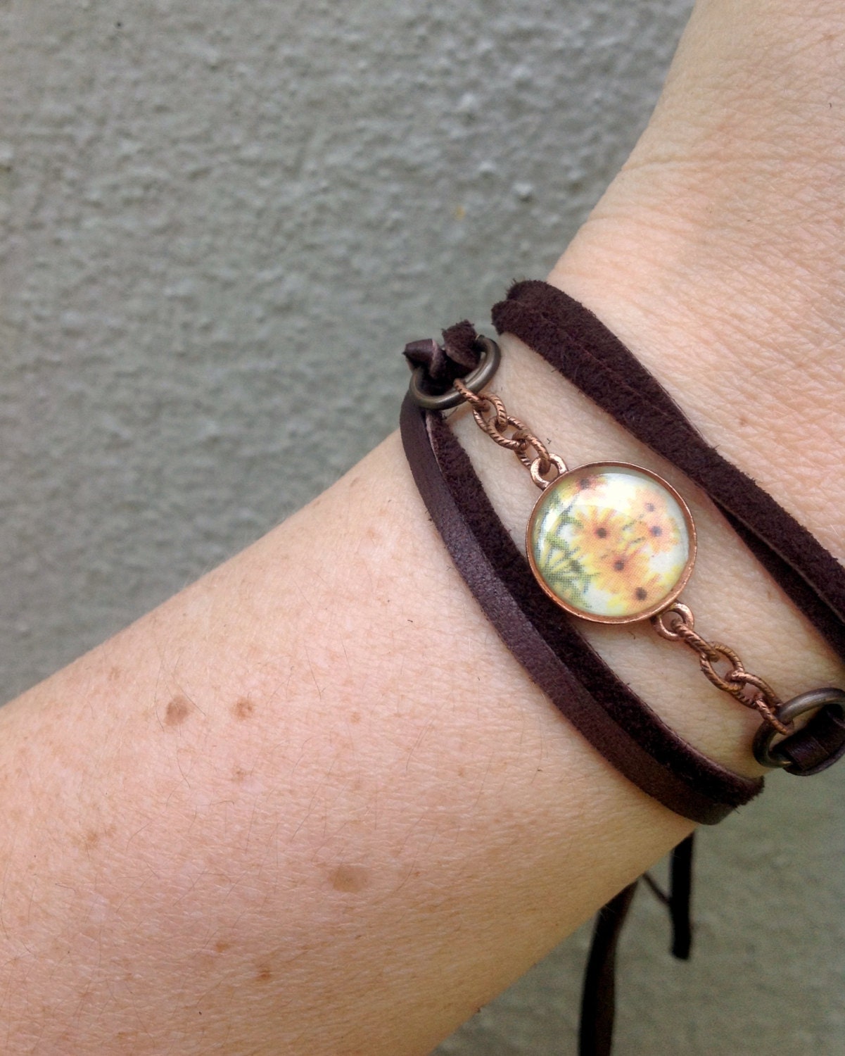 bright and cheery: repurposed vintage sunflower illustration deerskin suede wrap bracelet/choker