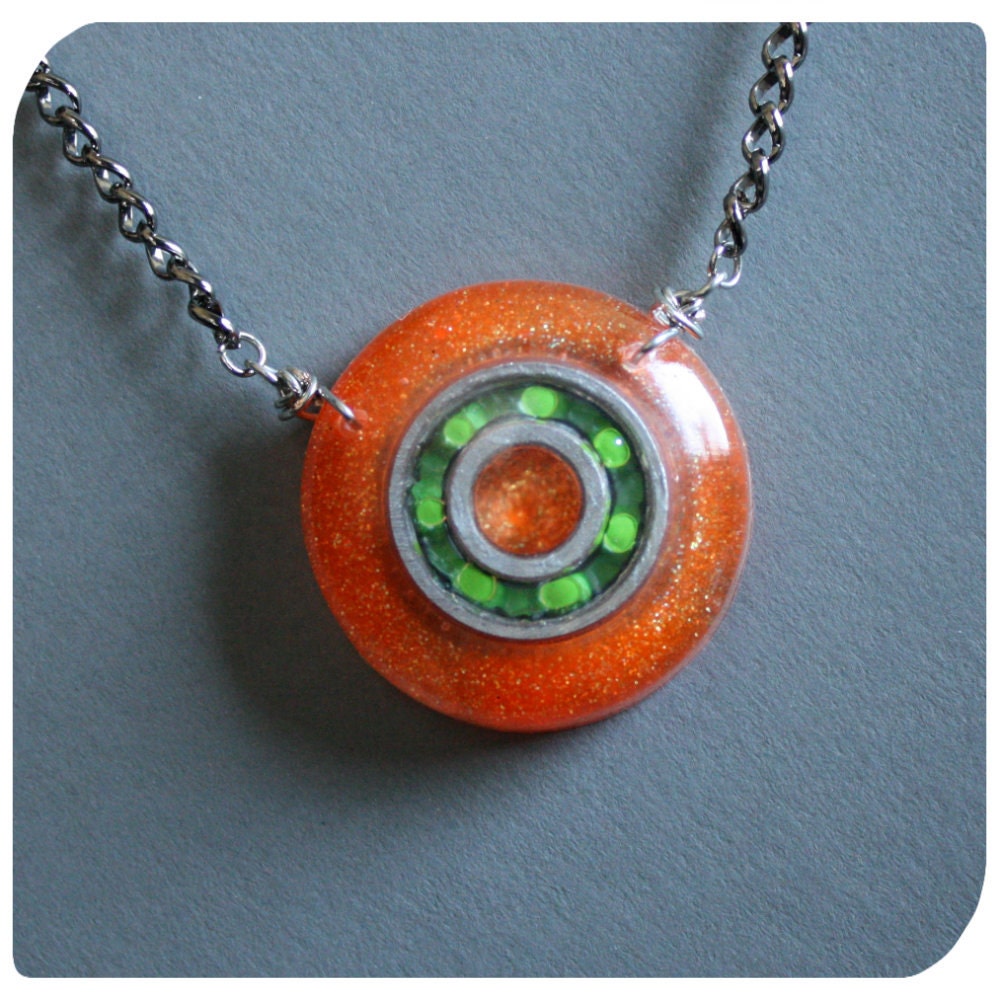 BEARING NECKLACE - Neon Green and Neon Orange - hand cast resin pendant