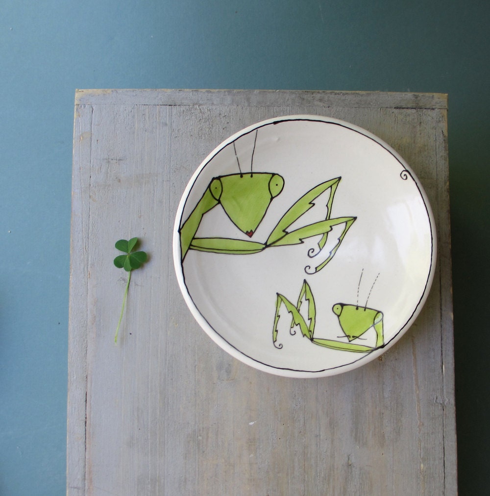 Ceramic praying mantis bowl, insect dish, wedding gift for bride and groom