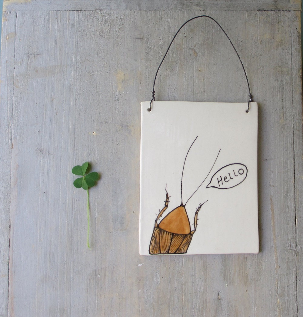 Wall tile, cockroach hanging tile, Hello, spring garden art plaque, Father's day, graduation gift