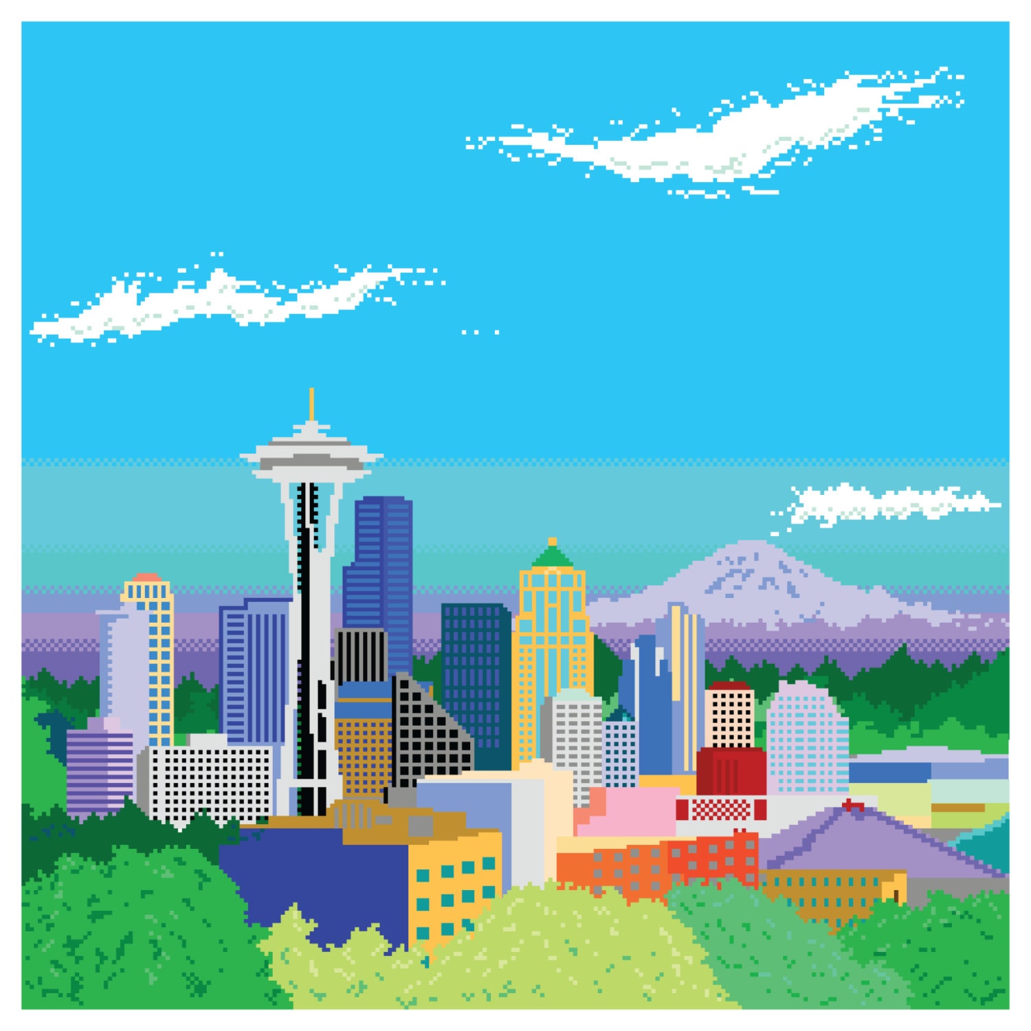 8-bit Seattle Skyline Pixel Art Print