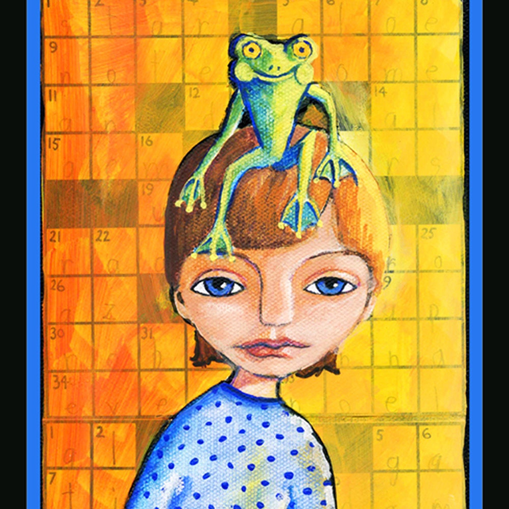 Boy and HIs Frog 4 x 6 mini print mixed media folk art collage frog head