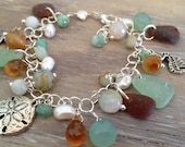 Sea Glass Charm Bracelet with Sand dollar, Starfish , and Seahorse Charms