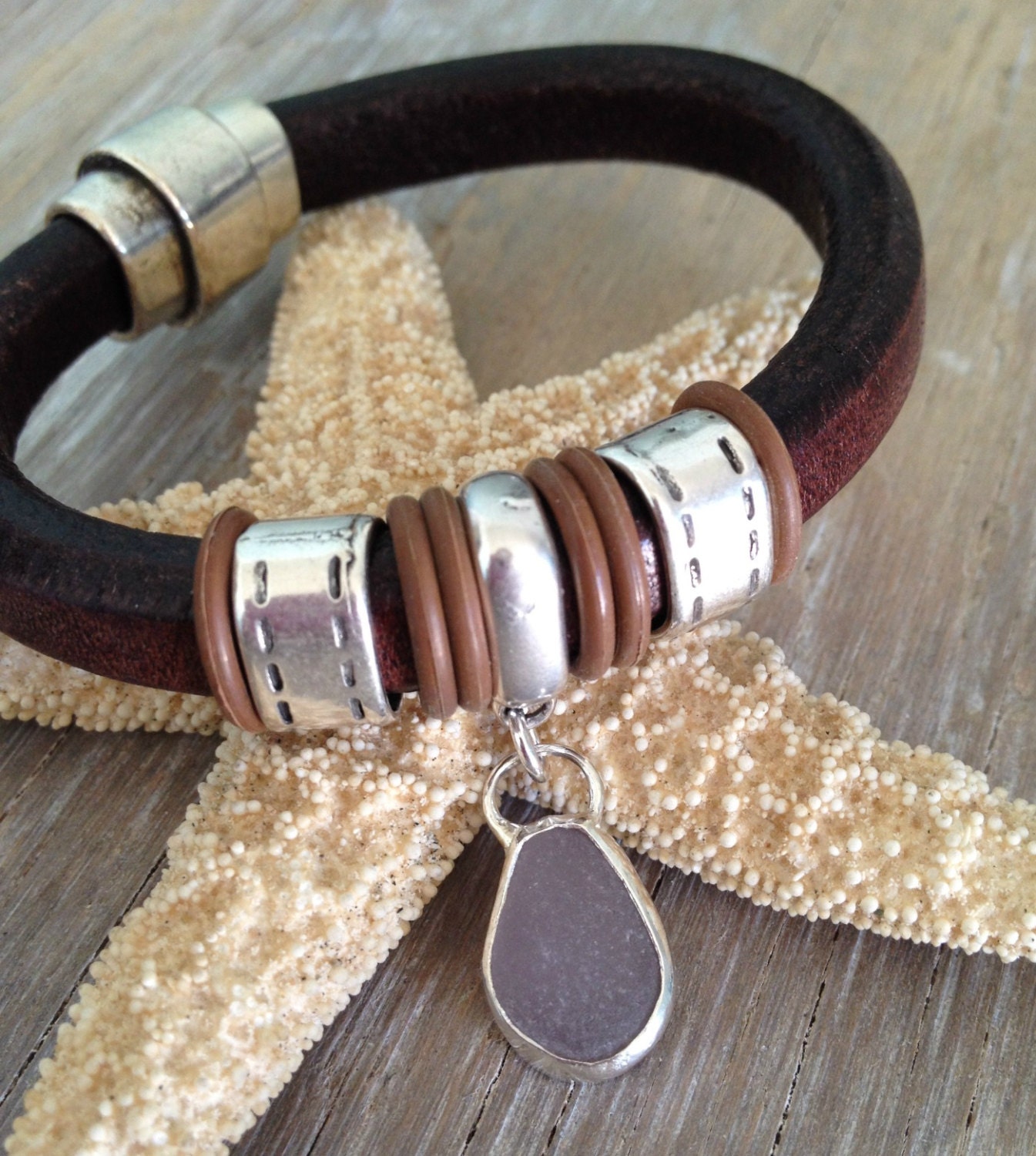 Sea Glass Bracelet  Leather Cuff with Bezel Set Lavender Sea Glass Bezel Set Charm