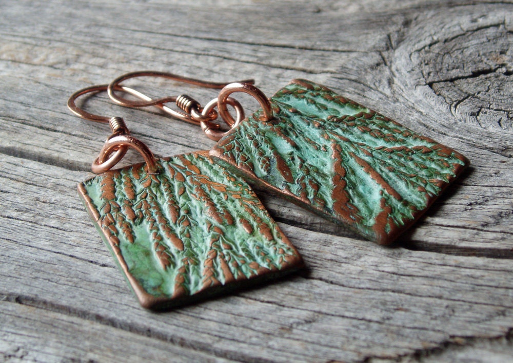 copper earrings - cedar leaf copper metal clay earrings with verdigris patina - organic artisan metal clay jewelry - rectangle pmc earrings