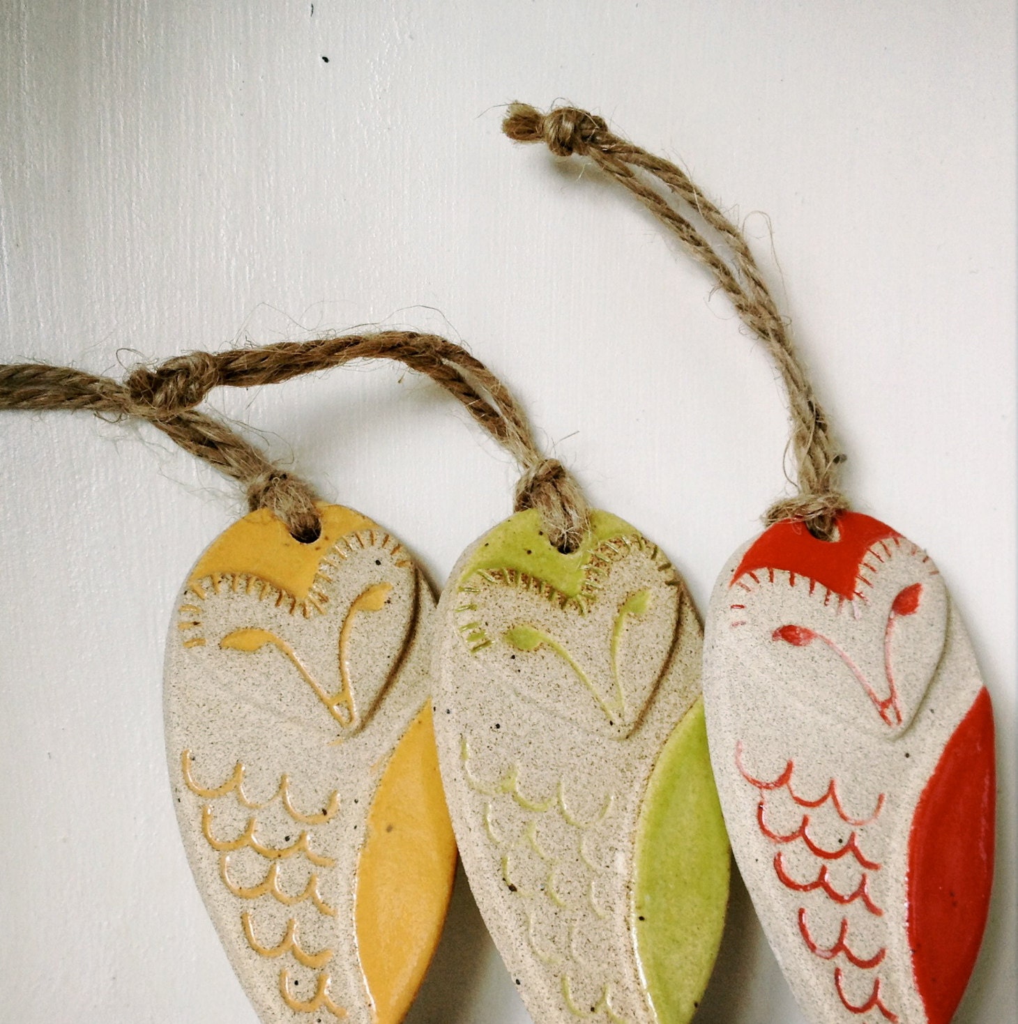 a trio of barn owl ornaments - salsa colour combo (3)