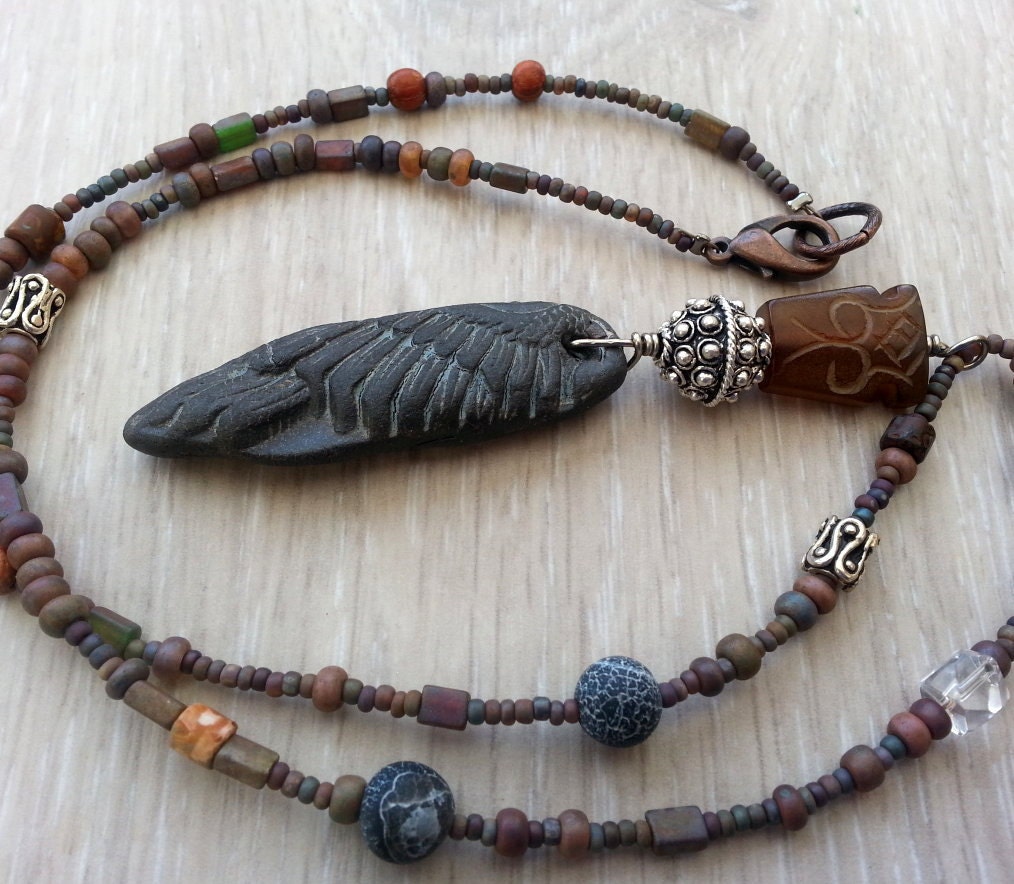 Mens  Protection Talisman Tribal necklace with stones silver and ceramic wing