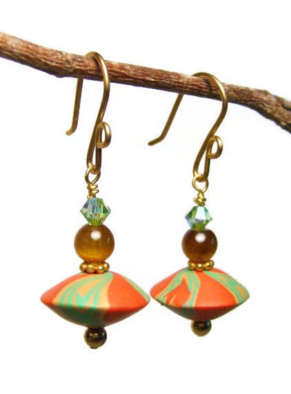 Handmade Polymer Clay Pierced Earrings Jewelry Gold Plated Swirled Lentil Shape Red Drops Golden Cat's Eye Beads Swarovski Crystal Bicones