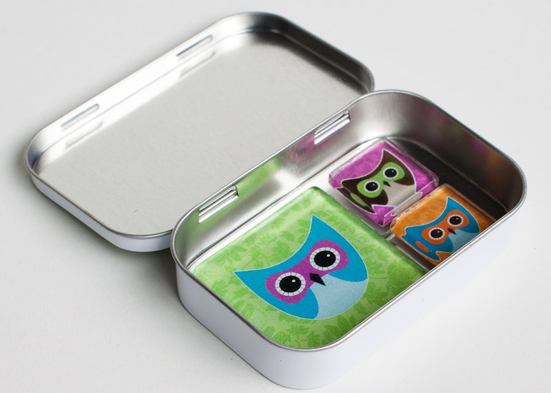 Little Bright Owls Glass Magnet Set with Designer Gift Tin- Very Last One