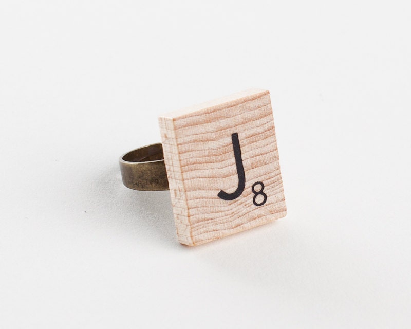 Adjustable Scrabble Tile Initial Ring // Antique Bronze