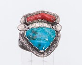 Zuni Carved Turquoise & Coral Arrowhead Ring - 50s/60s Sterling  -  sz 9