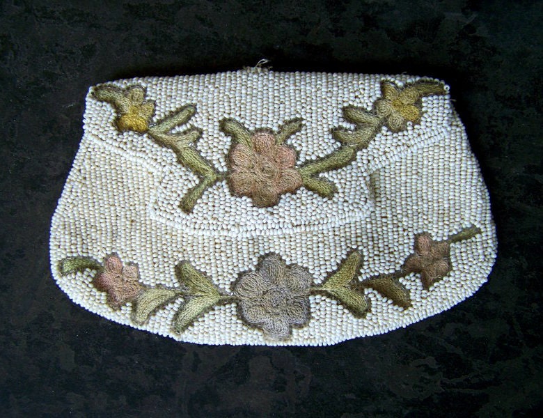 Vintage White Beaded Purse Clutch with Floral Stitching Small