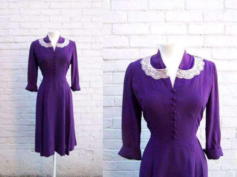 1940s Royal Purple Crepe Rayon Swing Dress Large